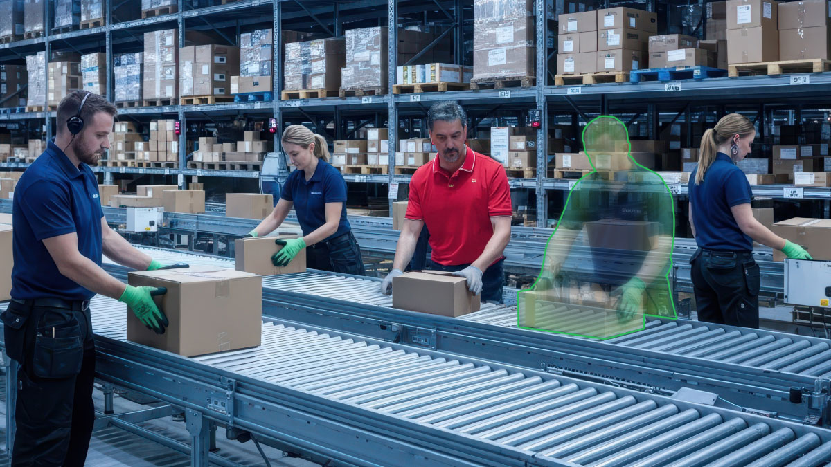 No-Show im Lager minimieren: Buffer Hiring und die Rolle des Onsite-Koordinators im E-Commerce 1 Grüne Silhouette eines fehlenden Mitarbeiters an einem Förderband im Lager als Symbol für das No-Show-Problem.