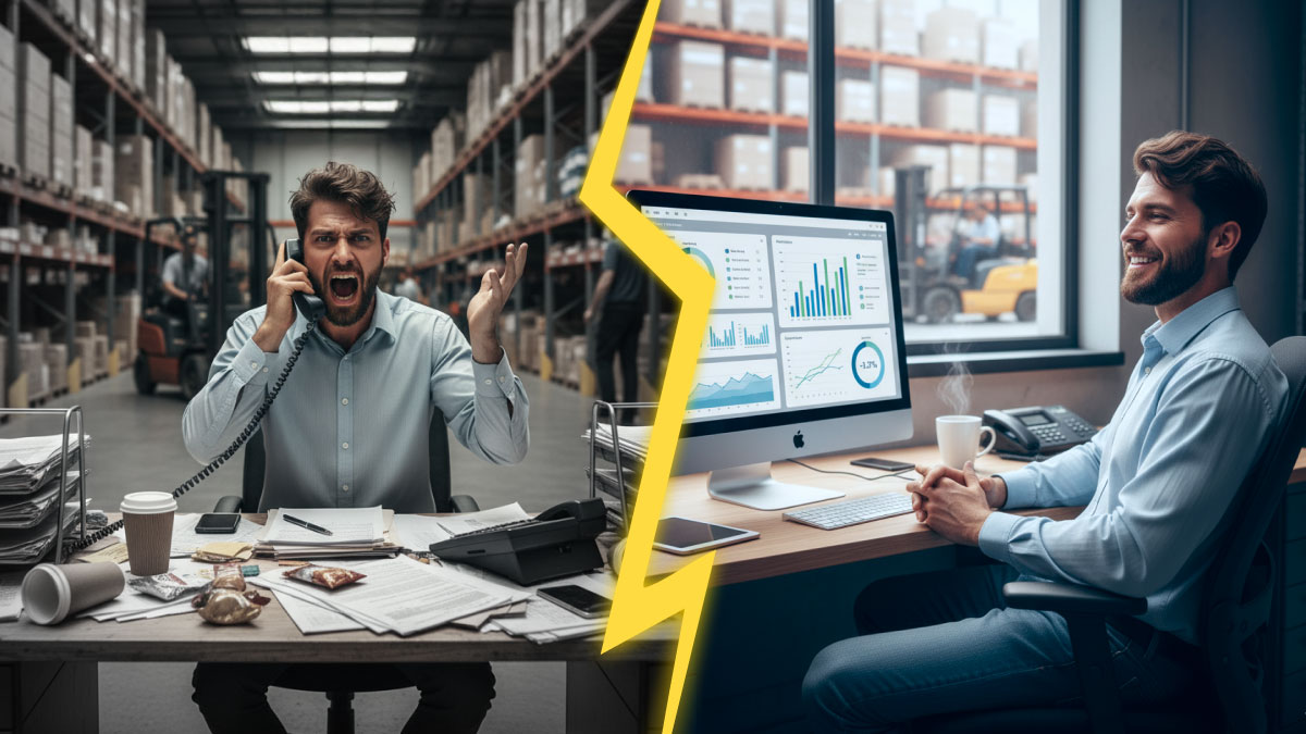 Logistik ohne Stillstand: Gewinnen Sie wertvolle Teamstunden durch umfassende Entlastung 1 Grafik 'Vorher-Nachher' zum Logistikmanagement: Links ein gestresster Manager im Chaos der Papierarbeit, rechts derselbe Manager ruhig vor einem digitalen KPI-Dashboard.