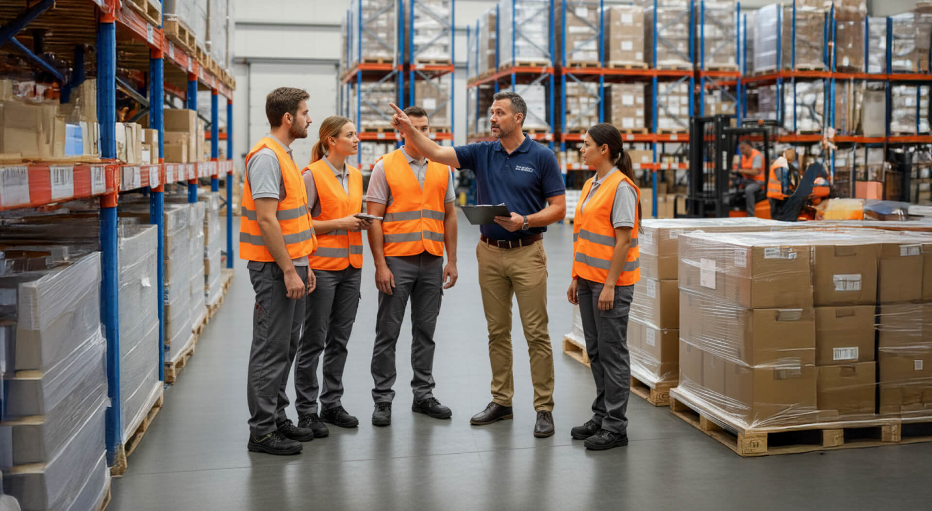 Ein Onsite-Koordinator mit Klemmbrett, der ein Team von Lagerarbeitern in einer Lagerhalle einweist.