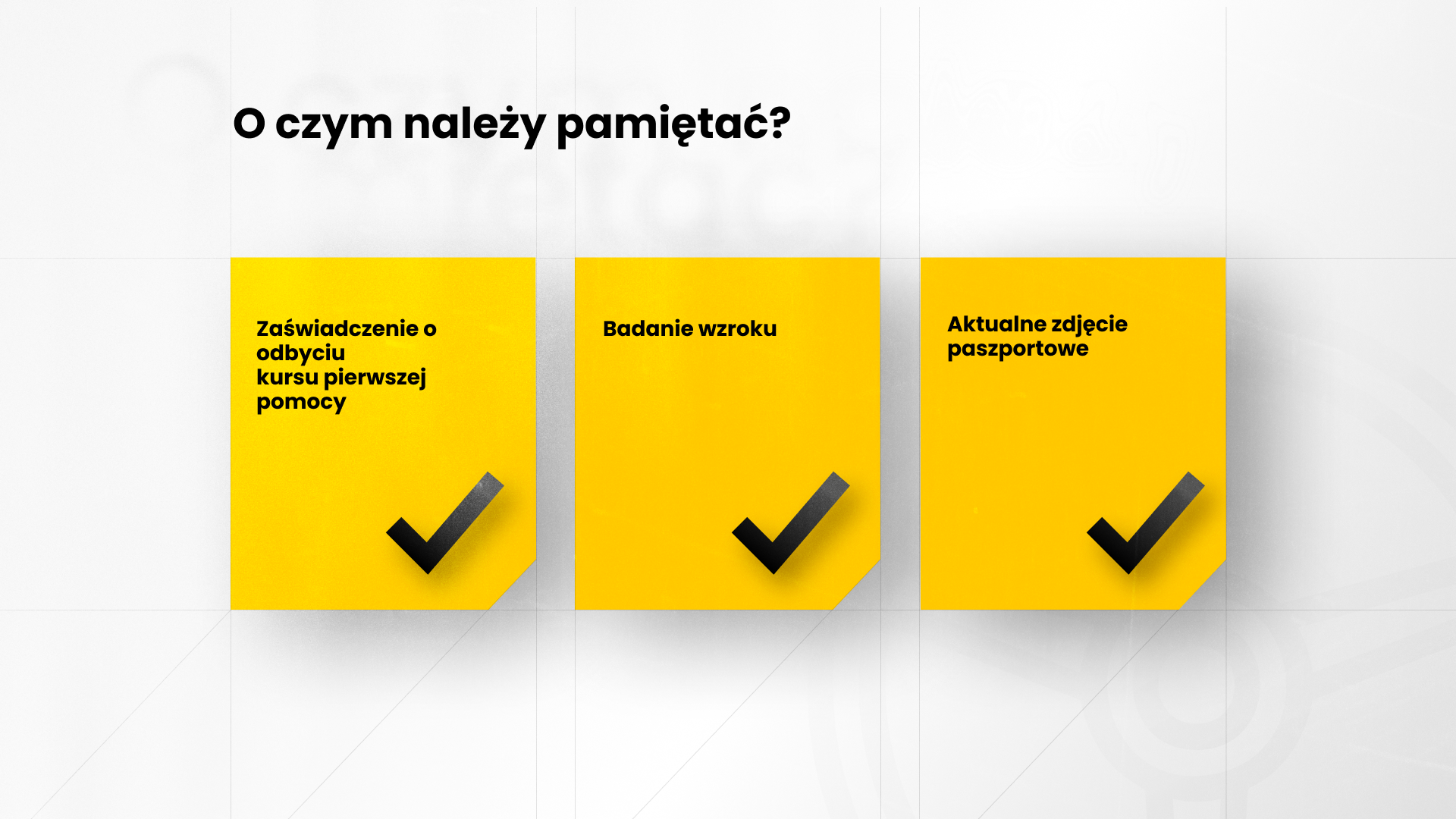 Infografika przedstawiająca najważniejsze punkty, o których musi pamiętać przyszły kursant na prawo jazdy, takie jak badanie wzroku czy aktualne zdjęcie paszportowe