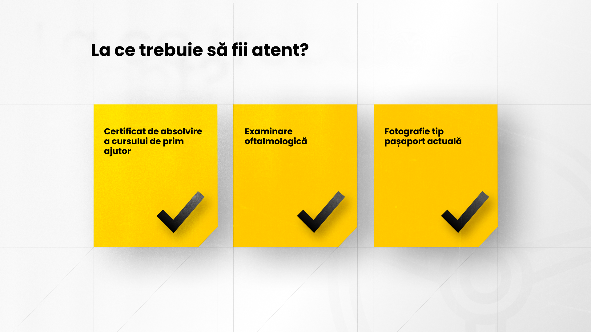 Infografic care prezintă cele mai importante aspecte de care trebuie să țină cont viitorul cursant pentru obținerea permisului de conducere, precum examinarea oftalmologică sau fotografia tip pașaport actuală