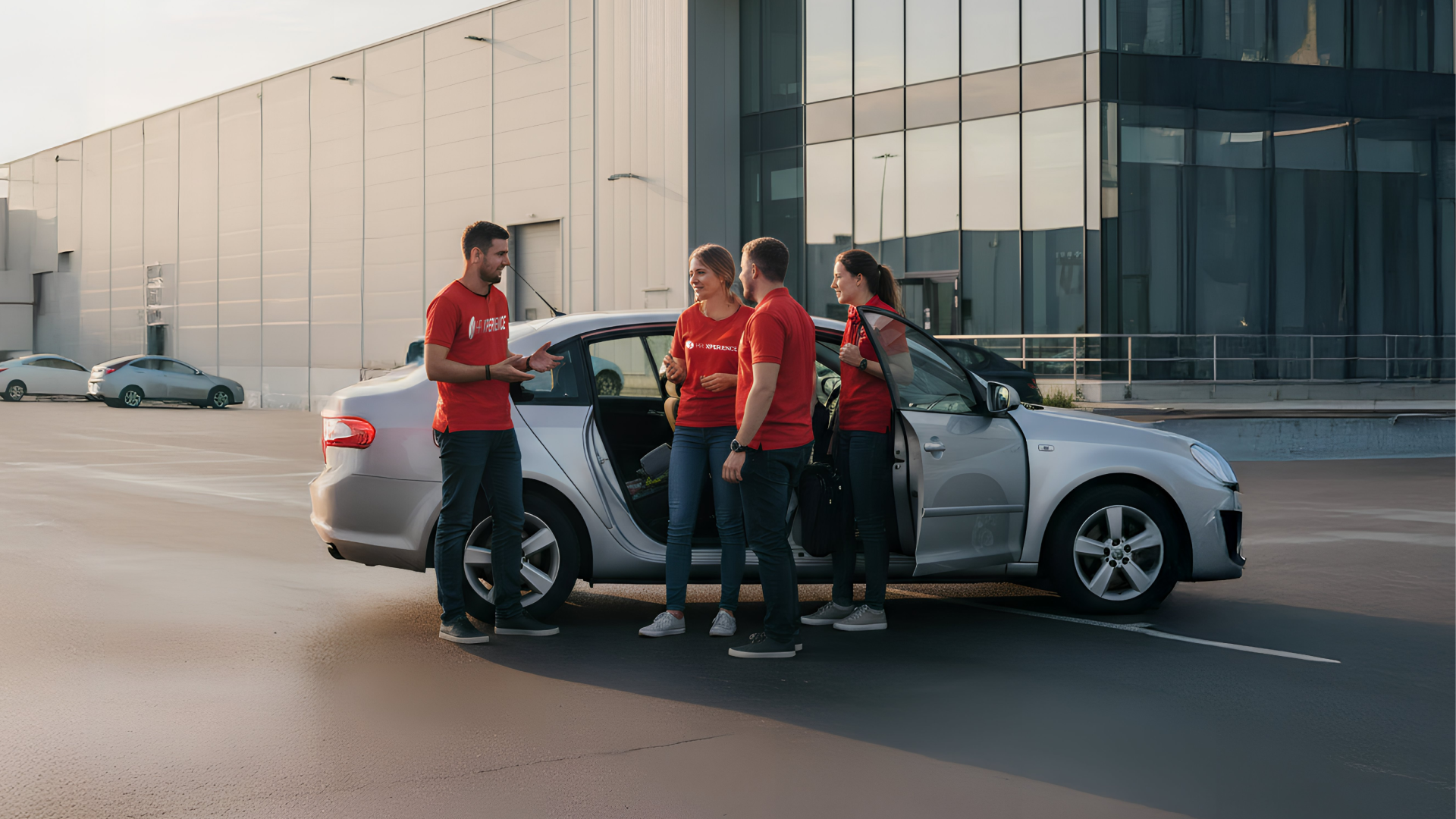 Pracownicy HR XPERIENCE tworzący grupę dojazdową przed magazynem – to dobry sposób na ułatwienie dojazdu do pracy w Niemczech bez własnego auta