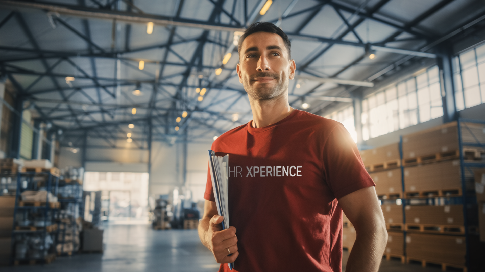 Angajatul mulțumit al unui depozit din Germania, cu certificatul de cazier judiciar care confirmă angajarea legală prin HR XPERIENCE