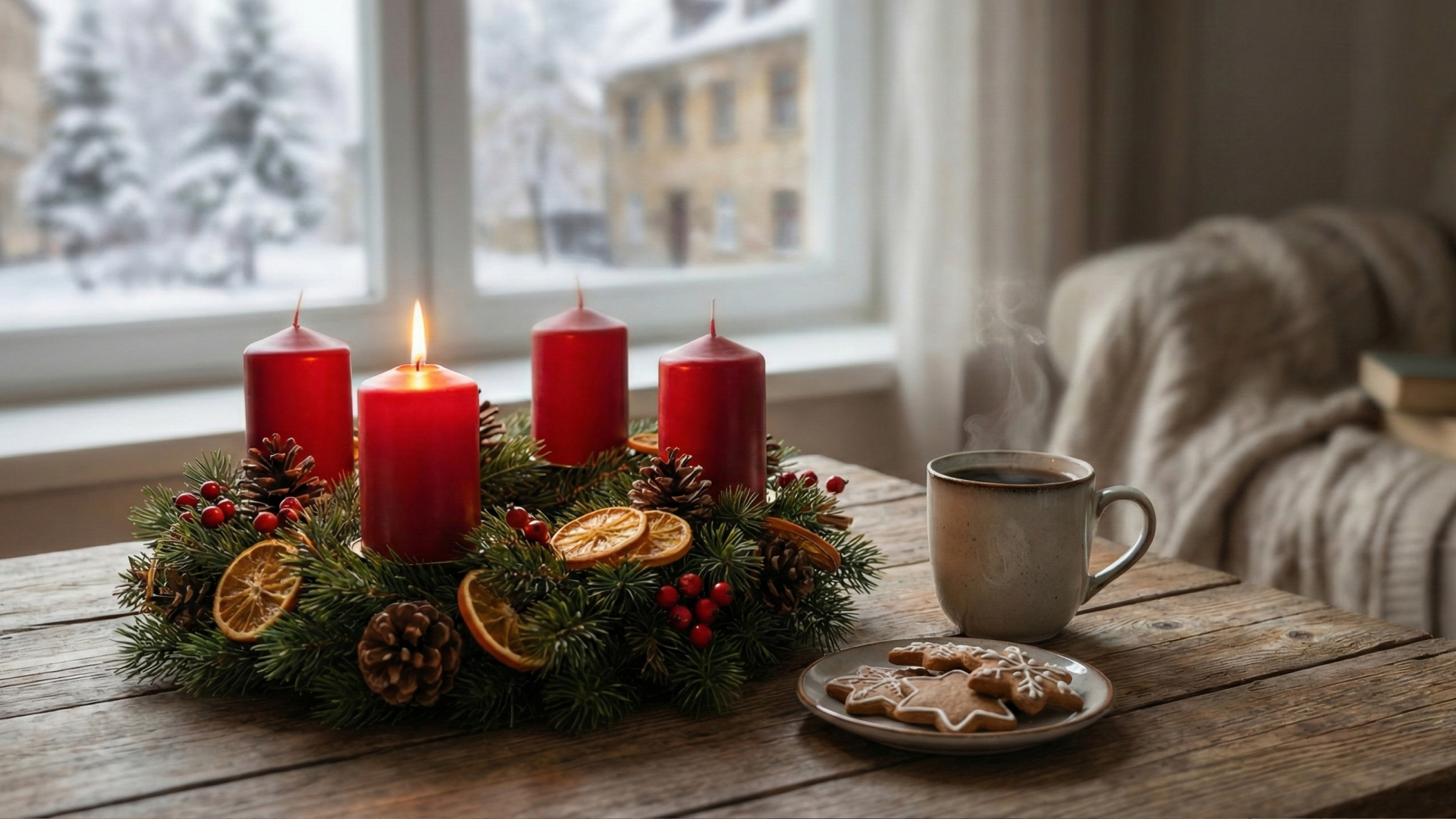 Wieniec adwentowy z zapaloną świecą w niemieckim mieszkaniu – tradycje Adwentu w Niemczech